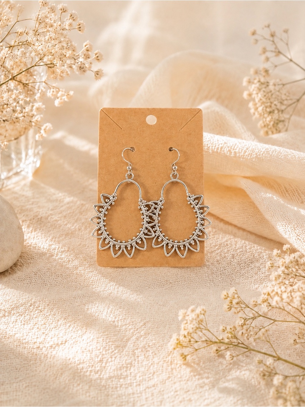 Silver Floral Filigree Teardrop Hook Earrings - Women Fashion Jewelry NWOT